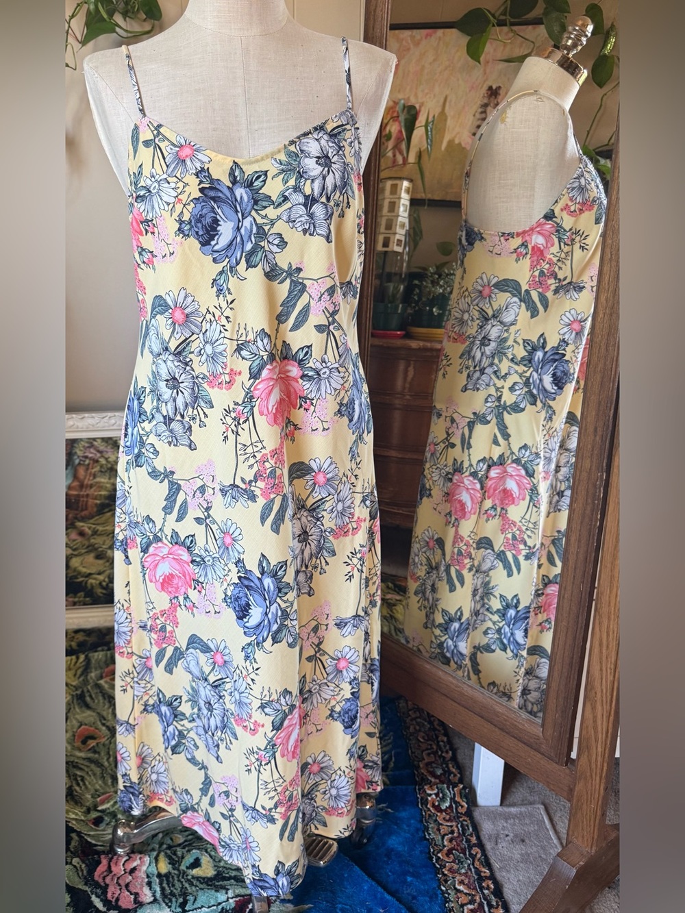 Studio B by Bobeau Floral Yellow Midi Slip Dress with Pink & Blue Blooms, NWT Lg